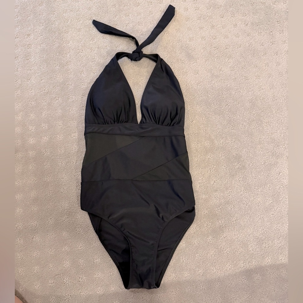 Black One Piece Swimsuit - Mesh Panels - Halter Tie at Neck - MEDIUM